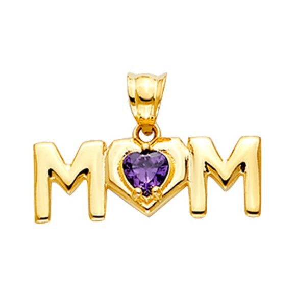 New Real14K Yellow Gold Mom Pendant with purple CZ stone